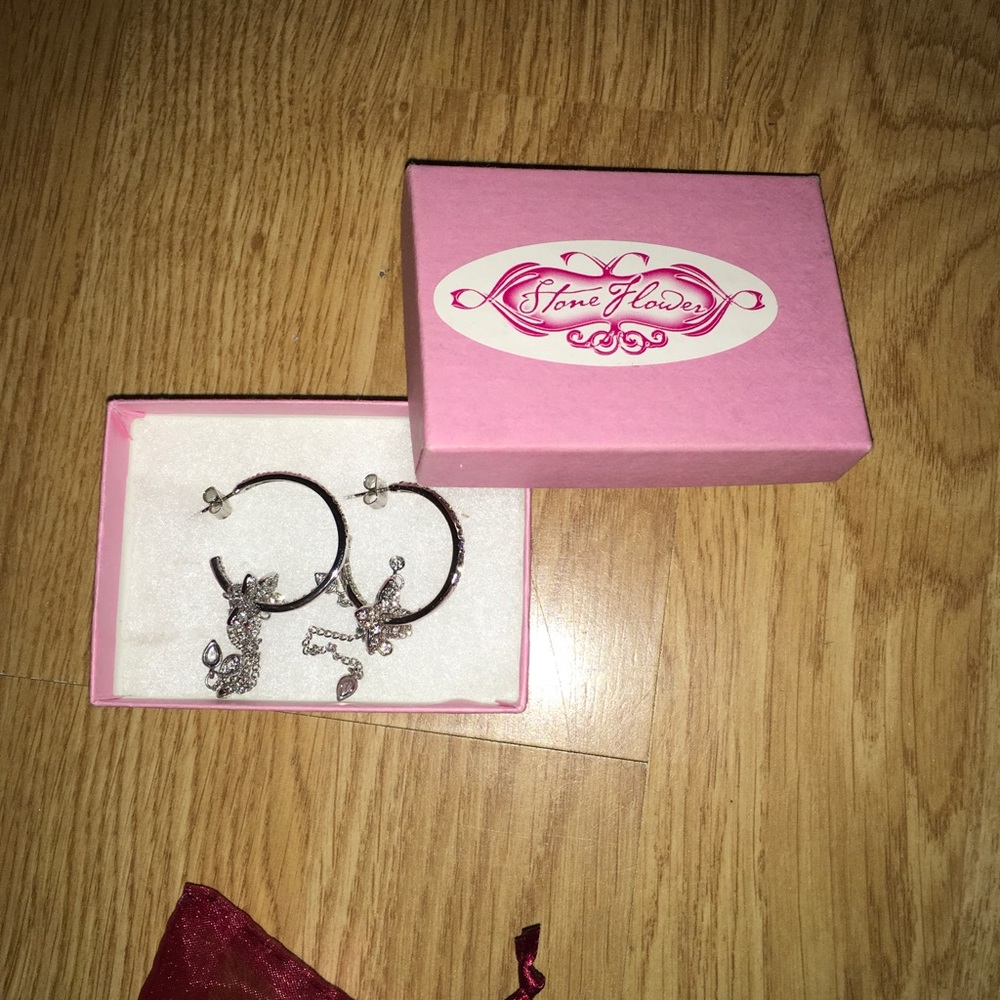 Stone Flower Butterfly Hoop Earrings